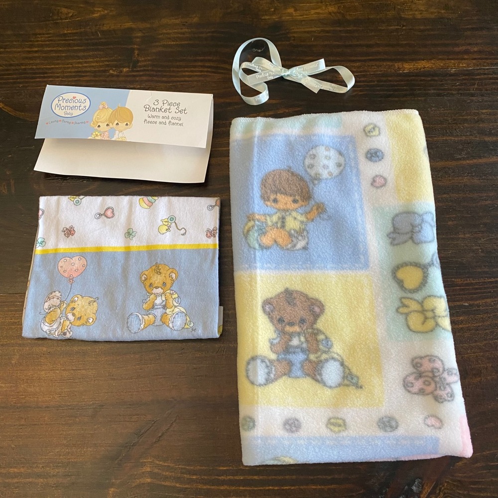 Vintage 2002 Precious Moments 2 Piece Baby Blanket Set Fleece Flannel Pastel